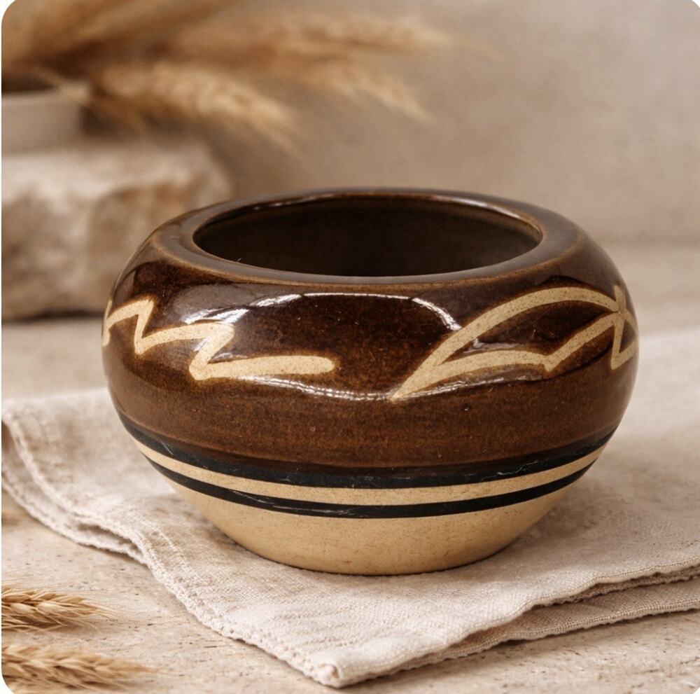 Vintage Studio Pottery Bowl Brown Glaze Abstract Modernist Handmade Ceramic